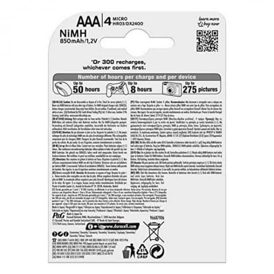 Piles Rechargeables DURACELL DURDLLR03P4B HR03 AAA 800 mAh (4 pcs)