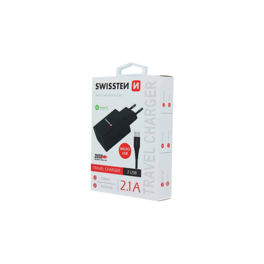 Chargeur 2 ports USB Swissten Smart IC 2.1A + Câble Micro USB 1.2m Noir