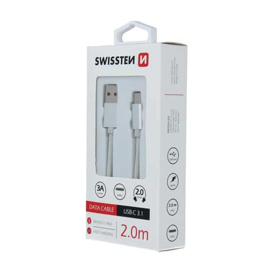 Cable Swissten Textile  USB / USB-C, 2m, Argent