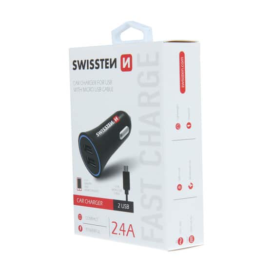 Chargeur allume cigare 2 ports USB Swissten, 2.4A + câble micro USB, Noir