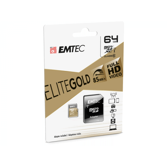 MicroSDXC 64Go EMTEC +adaptateur CL10 EliteGold UHS-I 85MB/s Sous blister