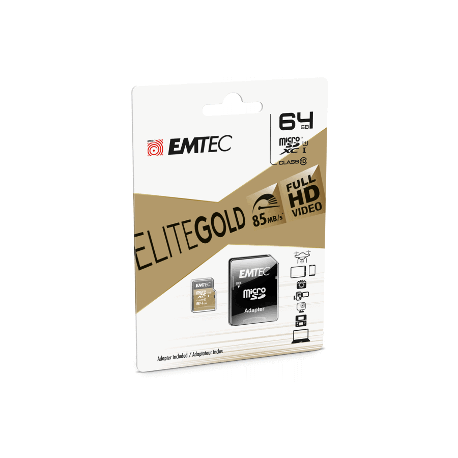 MicroSDXC 64Go EMTEC +adaptateur CL10 EliteGold UHS-I 85MB/s Sous blister