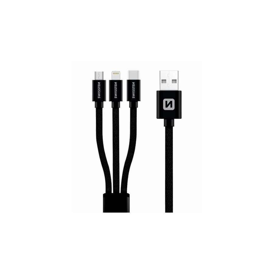 Câble Swissten textile USB / Lightning MFi (3 en 1) 1.2m, Noir