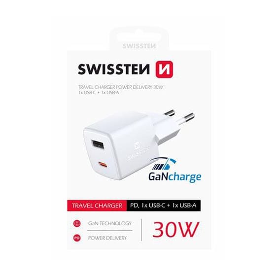 Chargeur 2 Ports USB / USB - C GaN 30W Power Delivery Swissten, Blanc