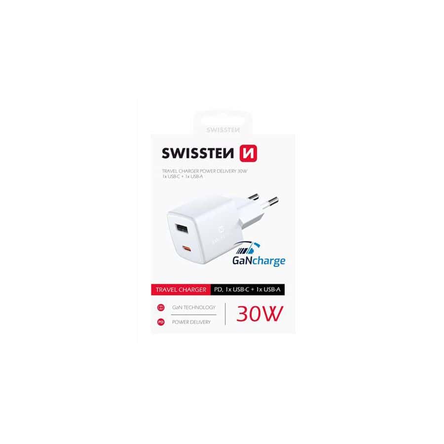 Chargeur 2 ports USB-C / USB Swissten GaN 30W Power Delivery, Blanc