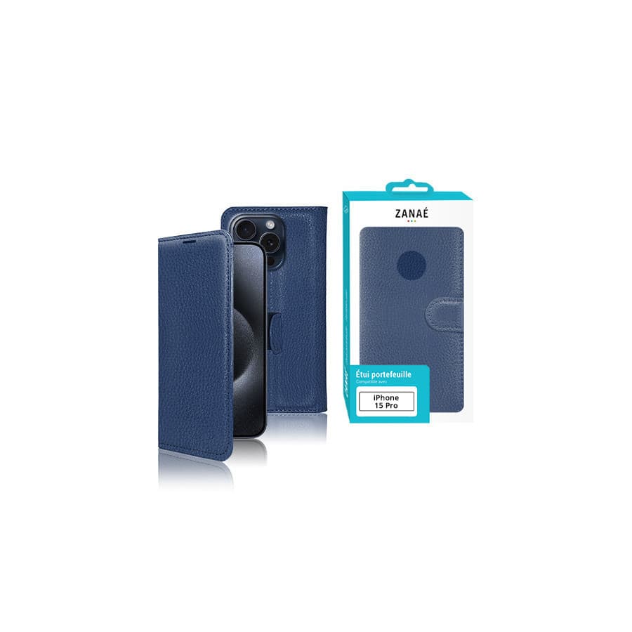 Etui Portefeuille Zanae pour iPhone 15 Pro, Marine Etui Portefeuille Zanae pour iPhone 15 Pro, Marine