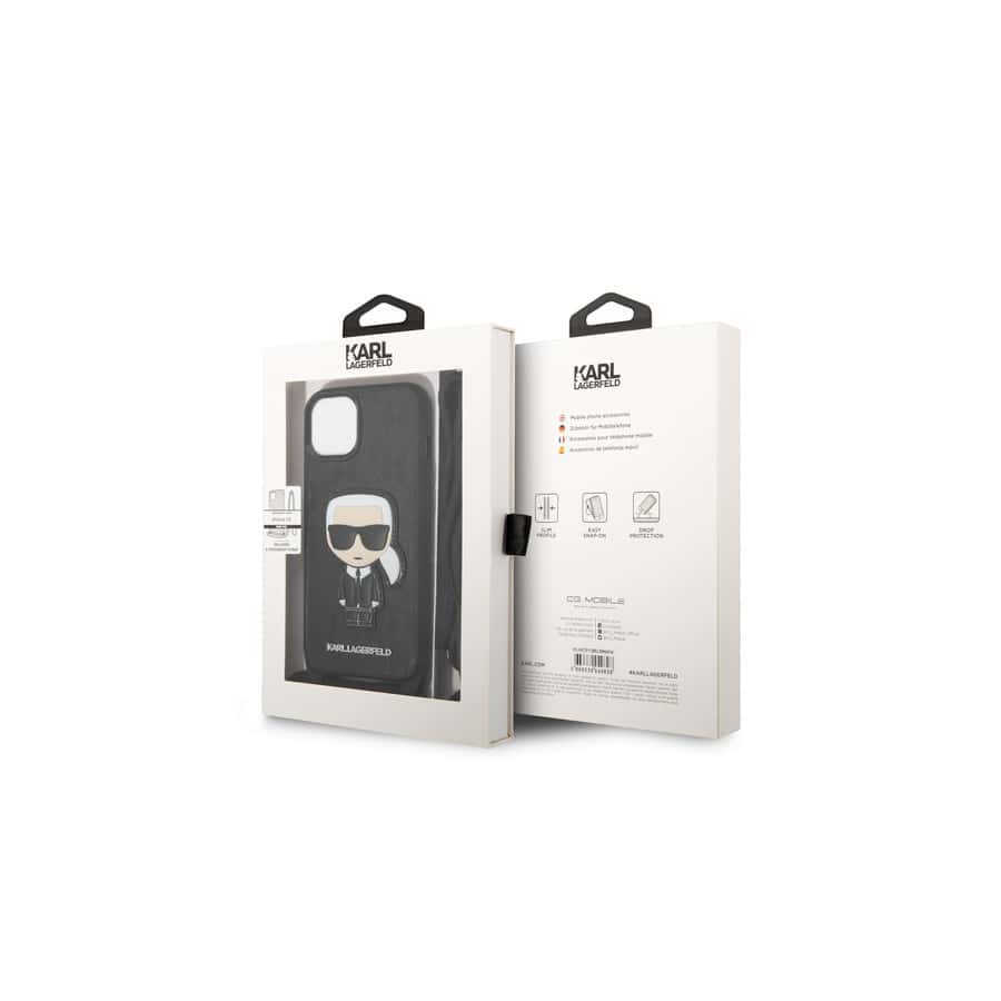 Coque en cuir Karl avec cordon pour iPhone 13, Noir