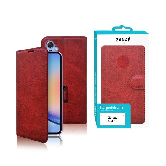 Portefeuille Zanae Columbia pour Galaxy A34 5G, Rouge