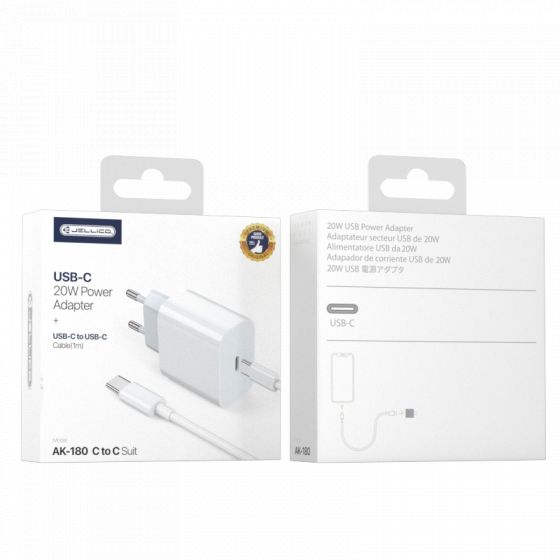 Adaptateur secteur USB-C avec cable USB-C/Type C vers Type C (20W) JELLICO AK180 (Boite/ BLISTER) Blanc