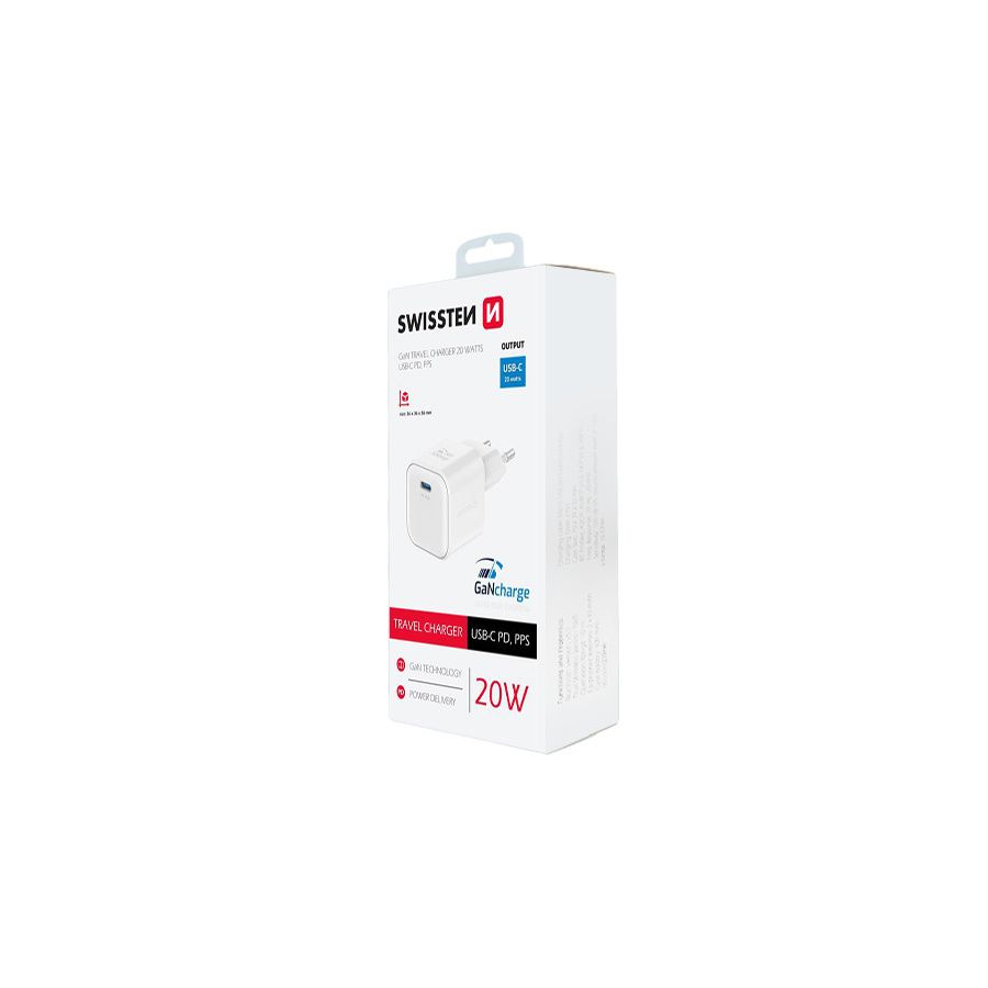 Chargeur mural Swissten GaN 1 port USB-C Power Delivery 20W, Blanc Chargeur mural Swissten GaN 1 port USB-C Power Delivery 20W, Blanc