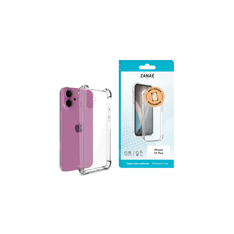 Coque Silicone transparent avec coins renforces pour iPhone 16 Plus, Transparent