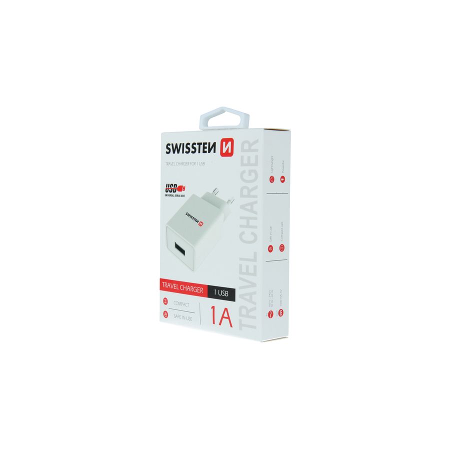 Chargeur 1 port USB 1A Swissten, Blanc Chargeur 1 port USB 1A Swissten, Blanc
