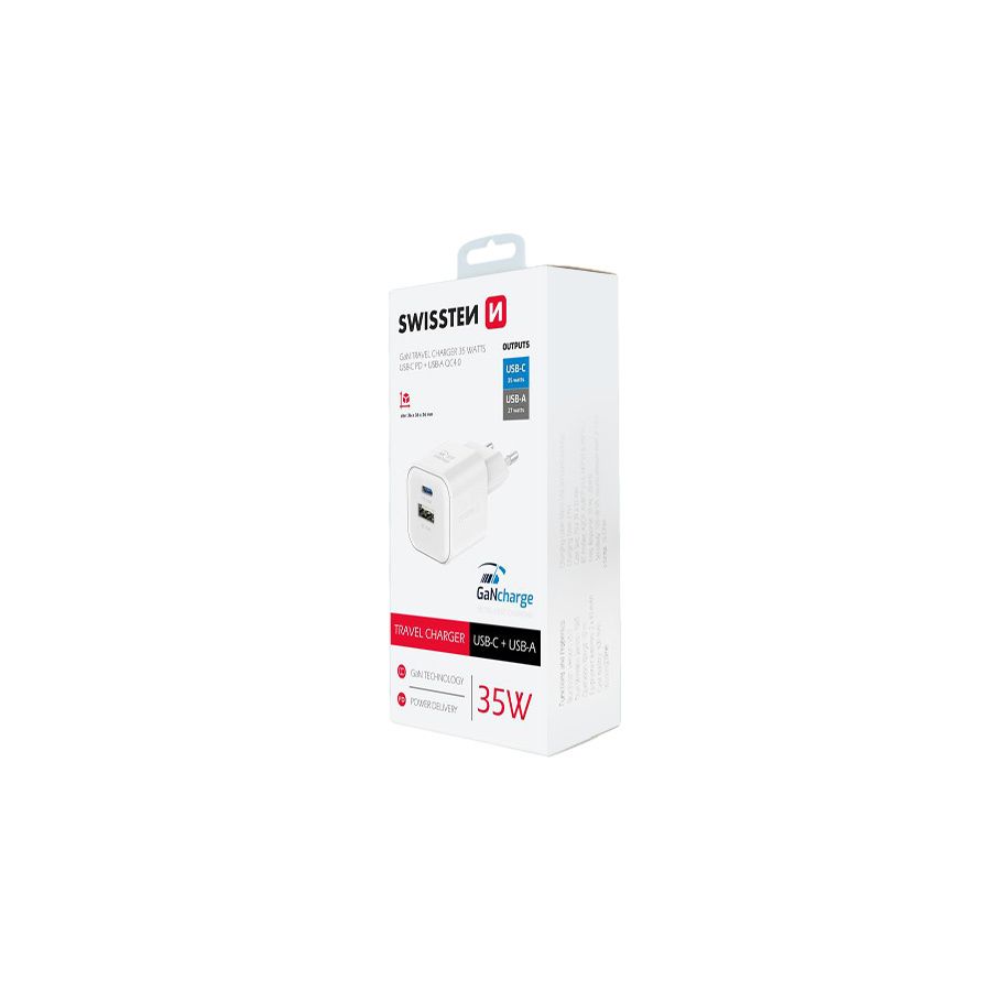 Chargeur mural Swissten GaN 1 port USB-C 35W Power Delivery / 1 port USB-A 27W, Blanc
