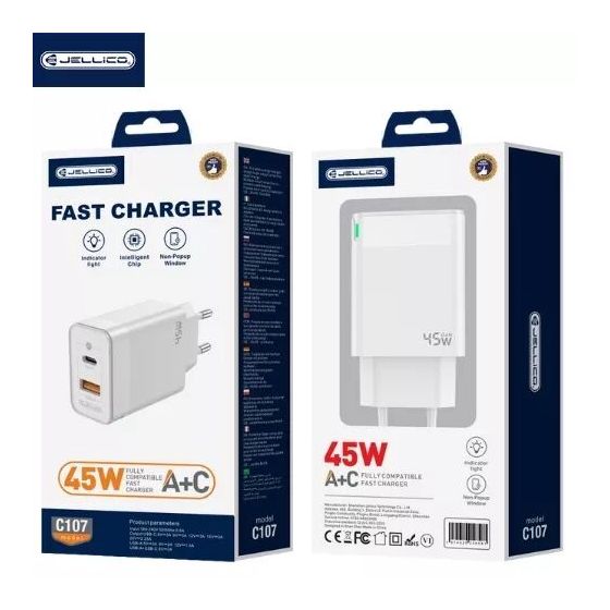 Adaptateur secteur Double port 1X USB-C + 1X USB-A (45W) JELLICO C107 (Boite/blister) blanc