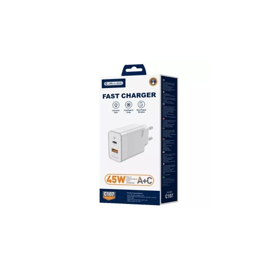 Adaptateur secteur Double port 1X USB-C + 1X USB-A (45W) JELLICO C107 (Boite/blister) blanc Adaptateur secteur Double port 1X USB-C + 1X USB-A (45W) JELLICO C107 (Boite/blister) blanc