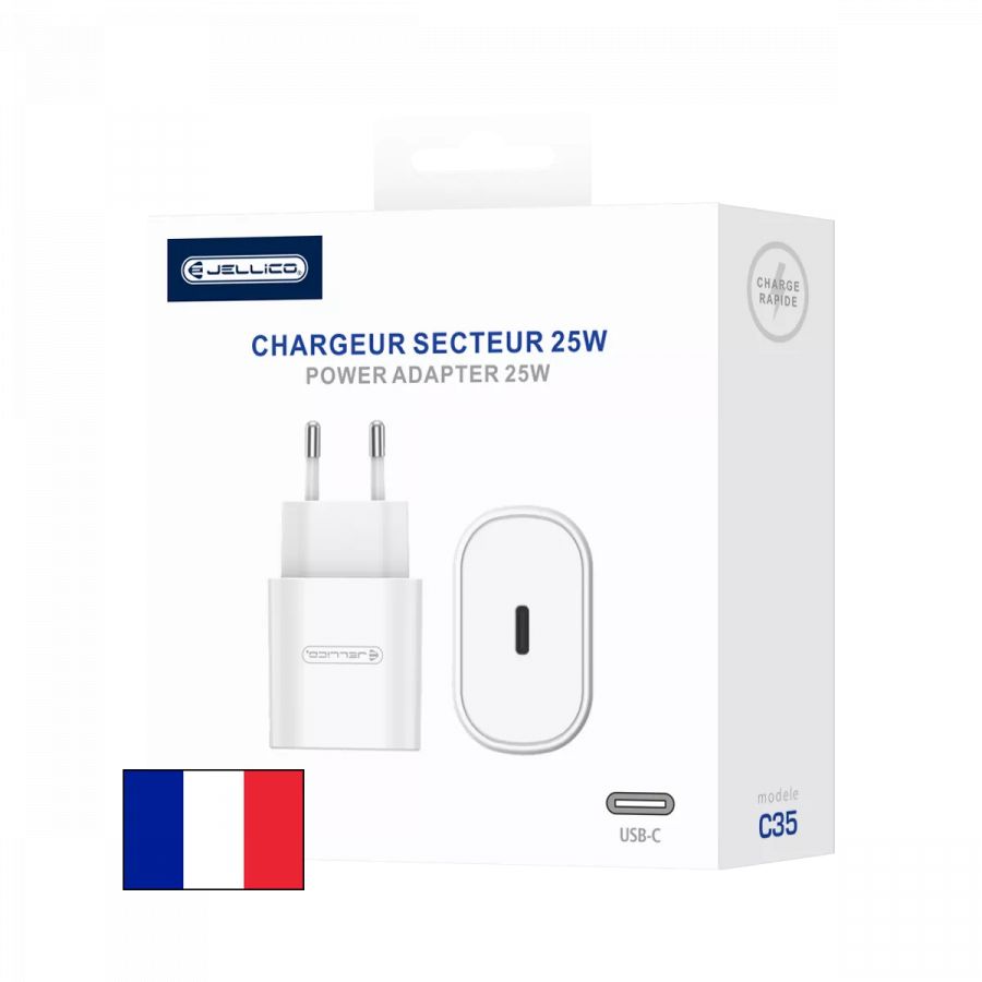 Adaptateur secteur USB-C (25W) JELLICO C35 (Boite/blister) blanc Adaptateur secteur USB-C (25W) JELLICO C35 (Boite/blister) blanc