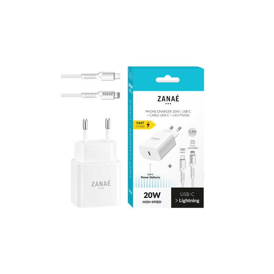 Combo chargeur 1 port USB-C 20w + câble USB-C / Lightning Zanae, Blanc