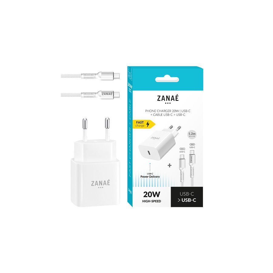 Combo chargeur 1 port USB-C 20w + câble USB-C / USB-C Zanae, Blanc Combo chargeur 1 port USB-C 20w + câble USB-C / USB-C Zanae, Blanc