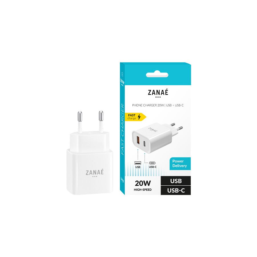 Chargeur 2 ports USB-C / USB 20W Power Delivery Zanaé, Blanc