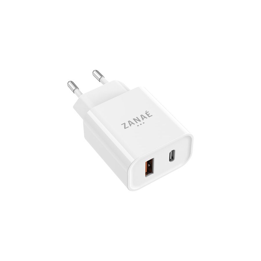 Chargeur 2 ports USB-C / USB 20W Power Delivery Zanaé, Blanc