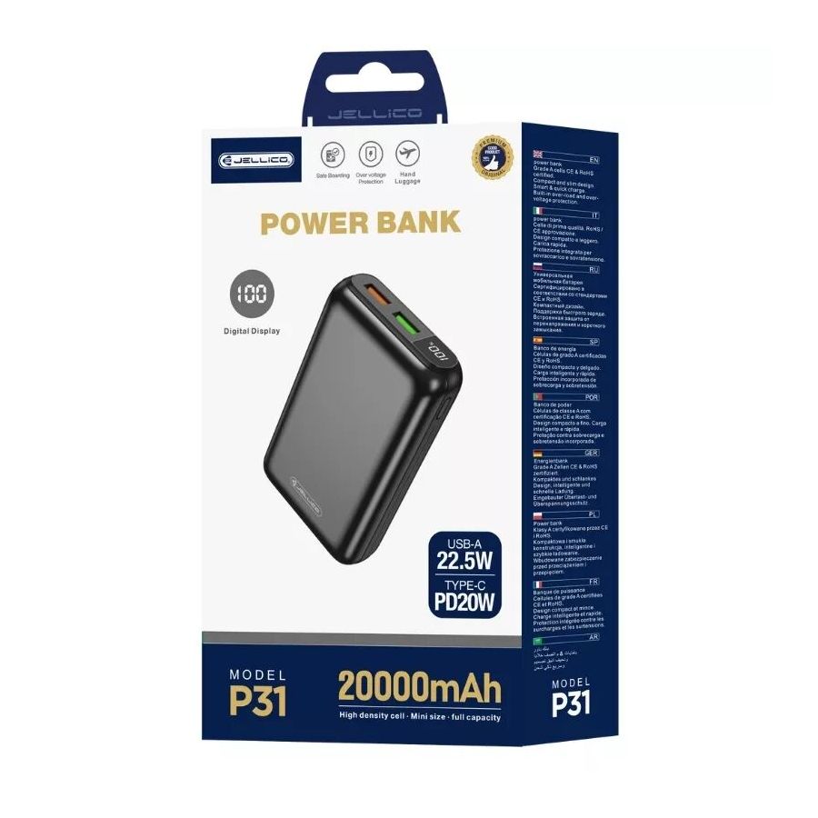 Power Bank (Batterie Externe) 20000mAh 22.5W JELLICO P31 (Boite/blister) noir Power Bank (Batterie Externe) 20000mAh 22.5W JELLICO P31 (Boite/blister) noir