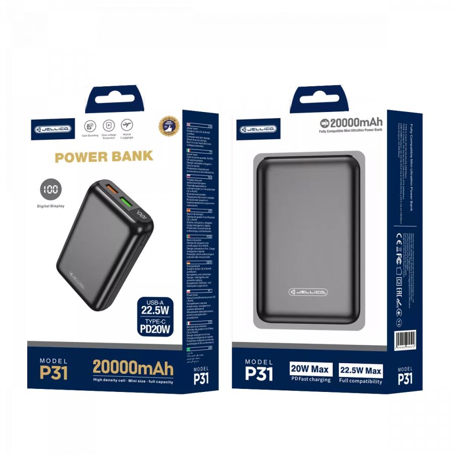 Power Bank (Batterie Externe) 20000mAh 22.5W JELLICO P31 (Boite/blister) noir