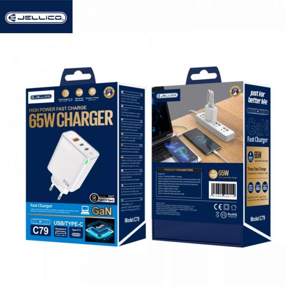  JELLICO Adaptateur secteur Triple port 2X USB-C + 1X USB (65W) JELLICO C79 (Boite/blister) Blanc