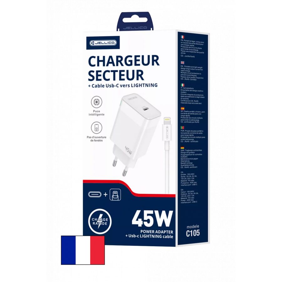 Adaptateur secteur port 1X USB-C (45W) avec cable USB-C/Type C vers Lightning JELLICO C105