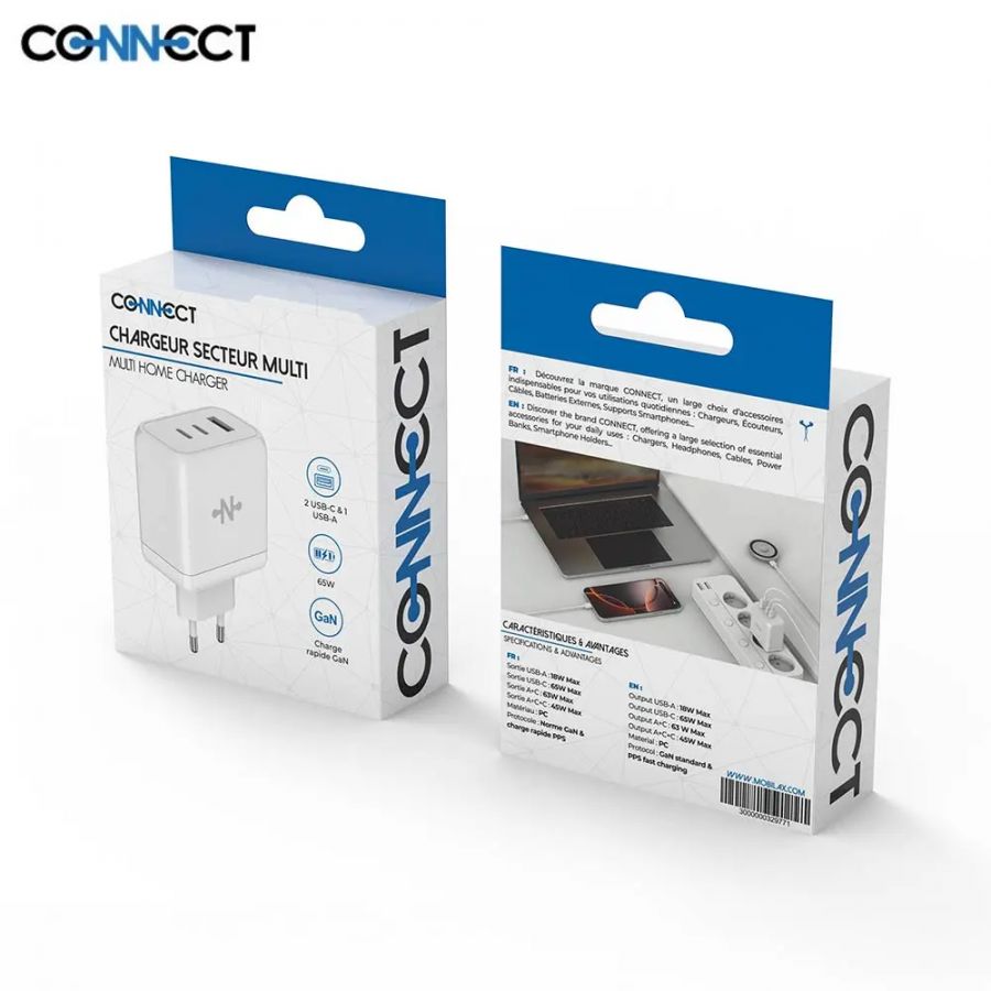 Chargeur Secteur GaN CONNECT MC-CBTAC65W 65W (USB + 2 USB-C) Blanc