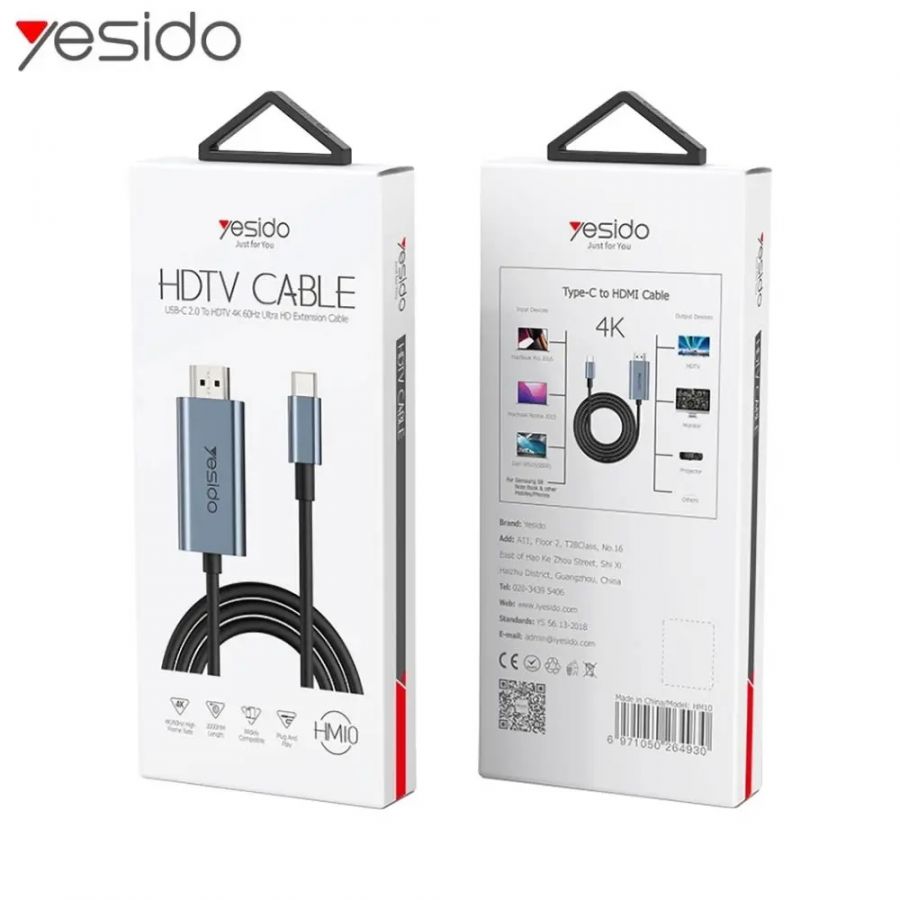 Câble USB-C Mâle vers HDMI Yesido Mâle 4K (60Hz) 2m - HM10 - Noir