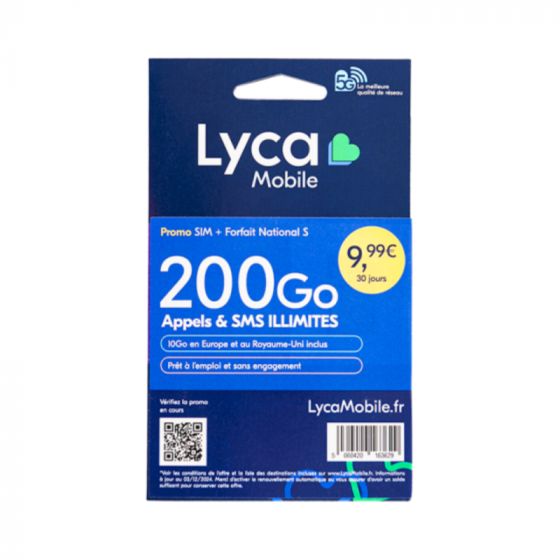 CARTE SIM PRÉPAYÉE LYCA MOBILE (INTERNET 200Go SMS/MMS ILLIMITES 24/24)