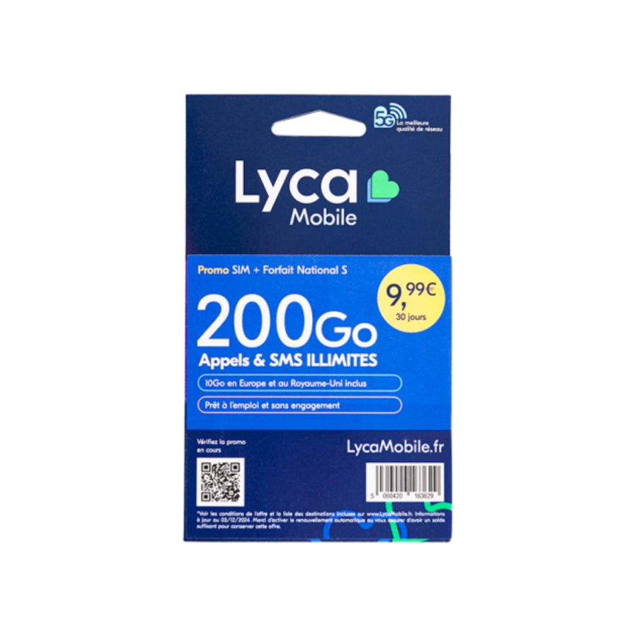 CARTE SIM PRÉPAYÉE LYCA MOBILE (INTERNET 200Go SMS/MMS ILLIMITES 24/24)