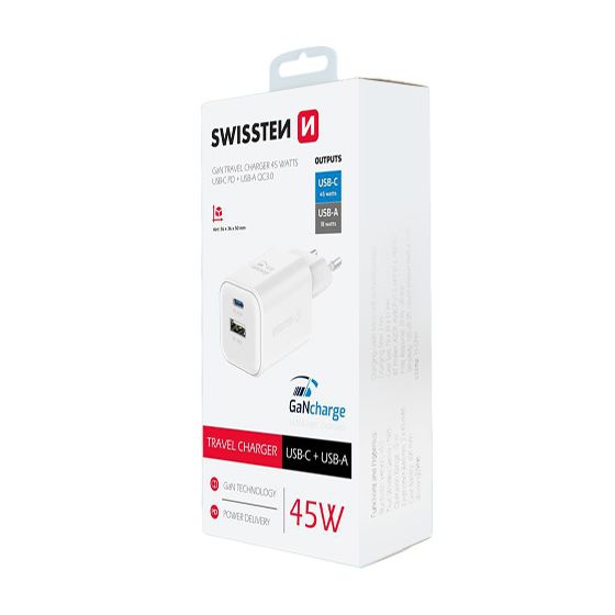 Chargeur 45W, 1x USB-C / 1x USB-A, GaN / Power Delivery, Swissten, Blanc
