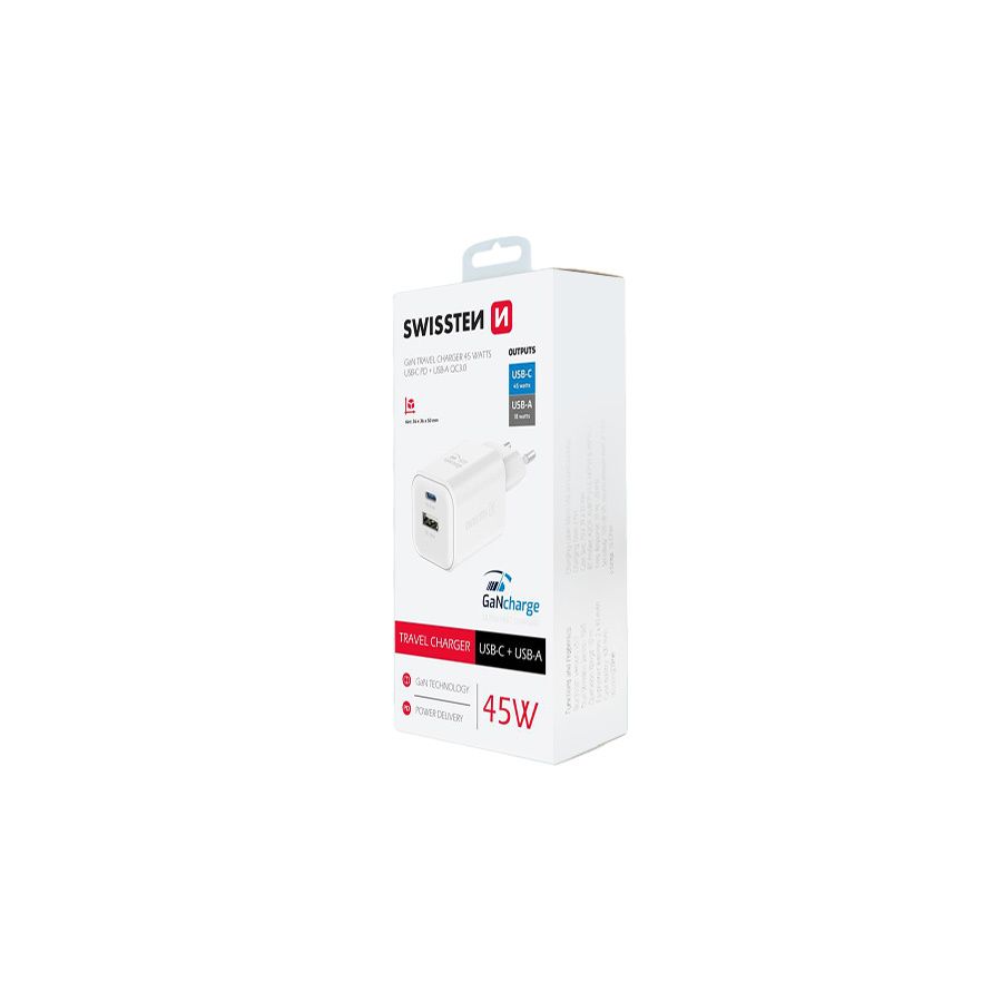 Chargeur 45W, 1x USB-C / 1x USB-A, GaN / Power Delivery, Swissten, Blanc