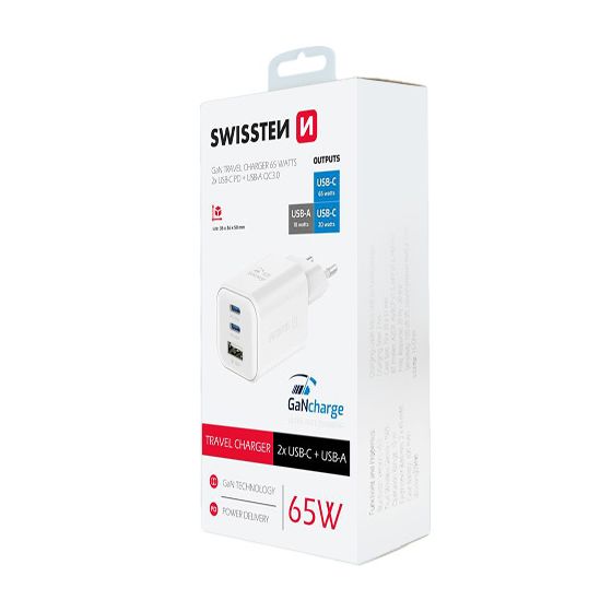 Chargeur 65W, 2x USB-C / 1x USB-A, GaN / Power Delivery, Swissten, Blanc