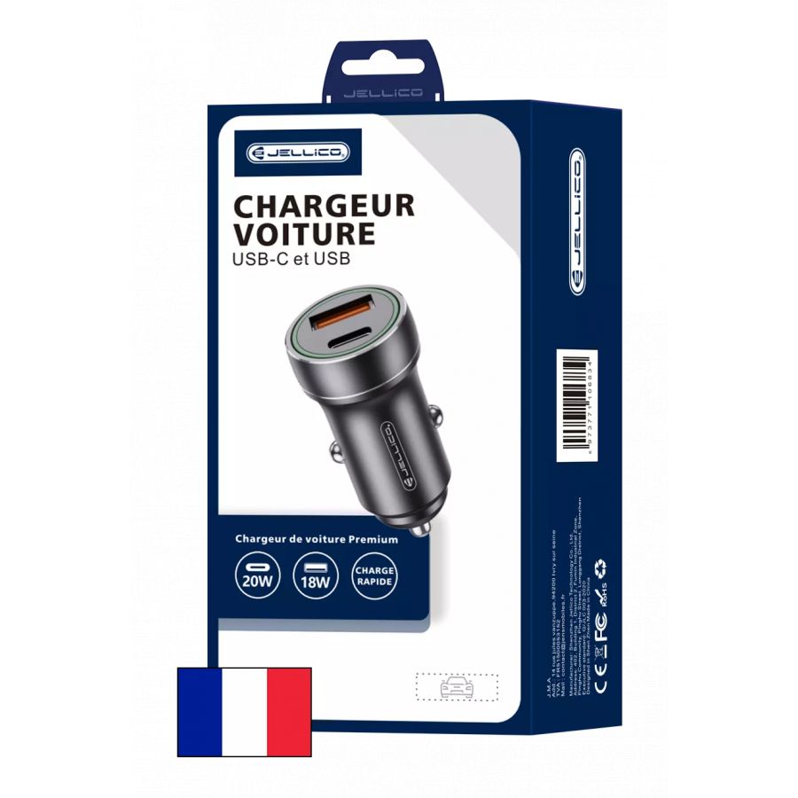 JELLICO Adaptateur secteur double ports USB (18W) + USB-C/Type C (20W) voiture JELLICO F4 noir