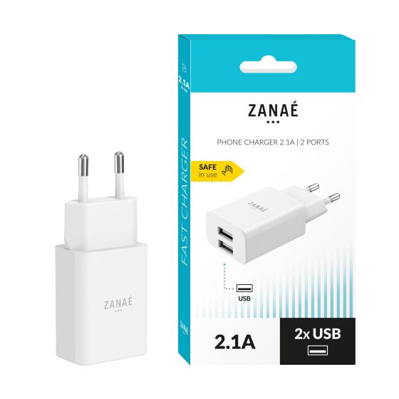 Chargeur mural 2 ports USB Zanae 10W 2.1A Blanc