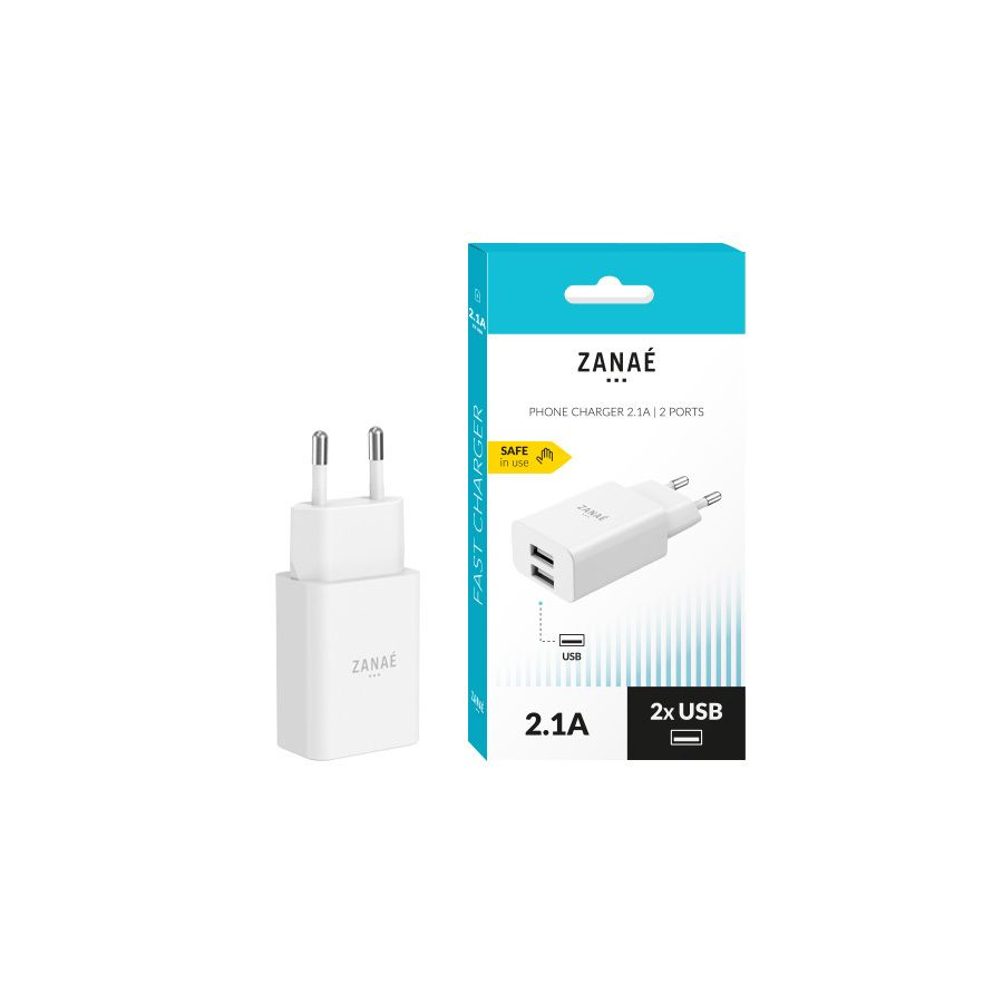 Chargeur mural 2 ports USB Zanae 10W 2.1A Blanc