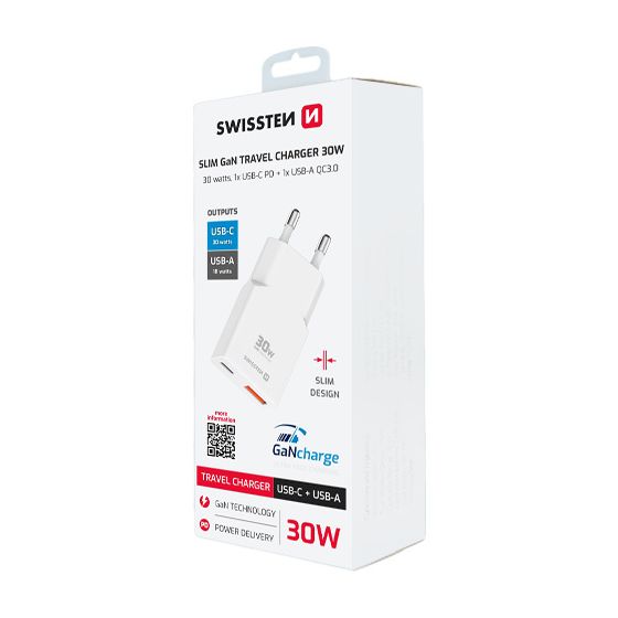 Chargeur 30W, 1x USB-C / 1x USB-A, GaN slim, Swissten, Blanc