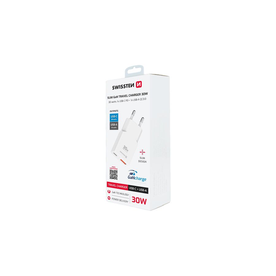 Chargeur 30W, 1x USB-C / 1x USB-A, GaN slim, Swissten, Blanc