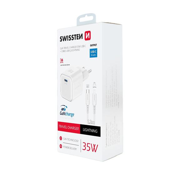 Chargeur 35W, 1x USB-C, GaN / Power Delivery, câble USB-C / Lightning fourni, Swissten, Blanc