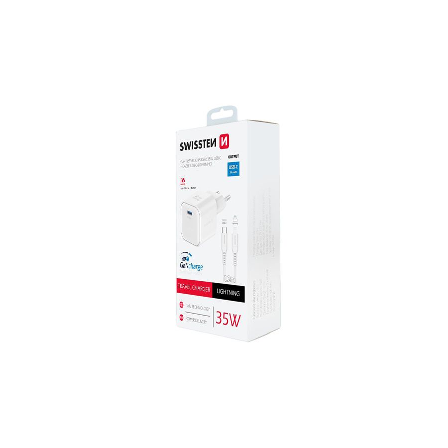 Chargeur 35W, 1x USB-C, GaN / Power Delivery, câble USB-C / Lightning fourni, Swissten, Blanc