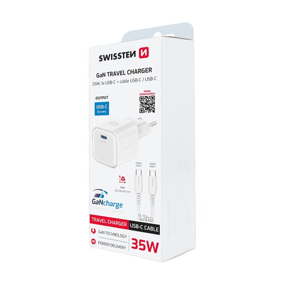 Chargeur 35W, 1x USB-C, GaN / Power Delivery, câble USB-C / USB-C fourni, Swissten, Blanc
