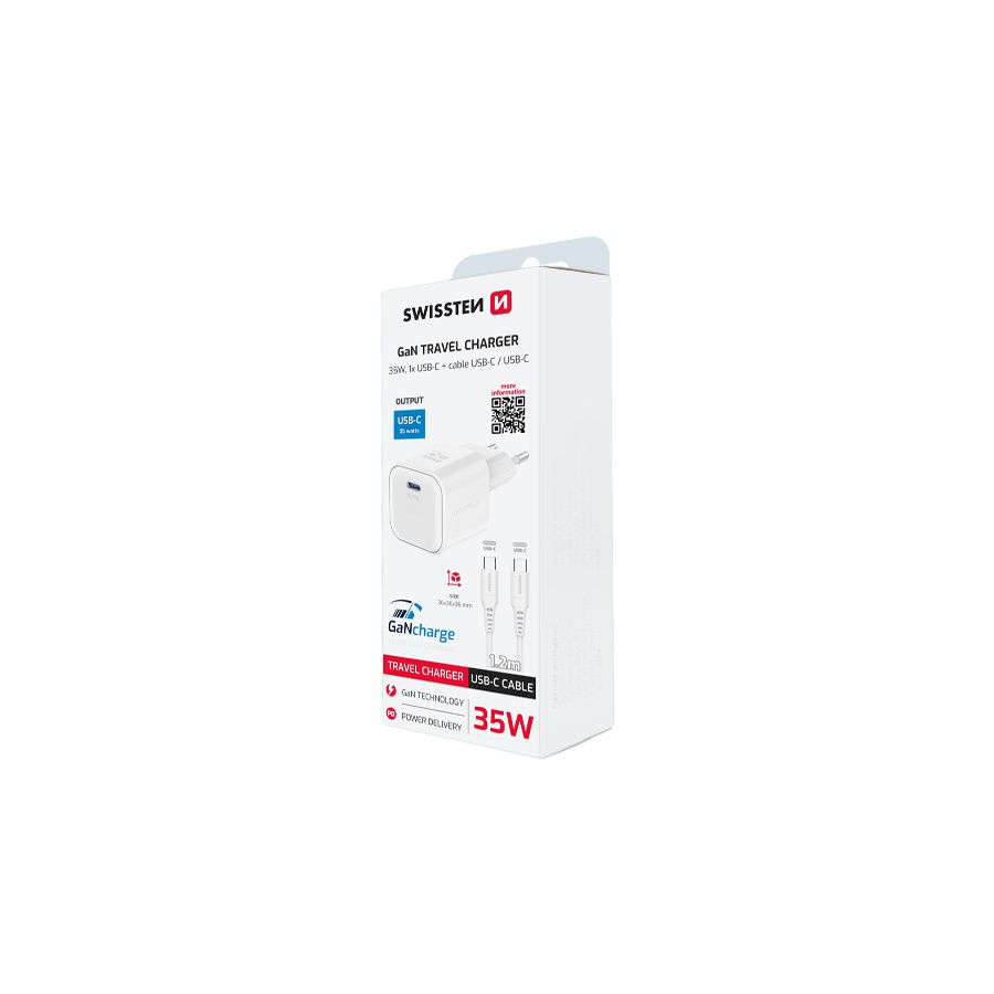 Chargeur 35W, 1x USB-C, GaN / Power Delivery, câble USB-C / USB-C fourni, Swissten, Blanc