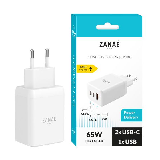 Chargeur 65W, 2x USB-C / 1x USB-A, PPS / Power Delivery, Zanaé, Blanc