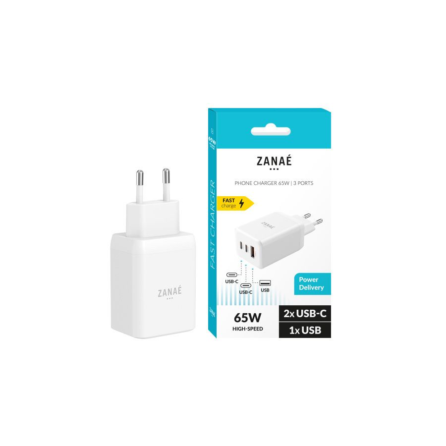 Chargeur 65W, 2x USB-C / 1x USB-A, PPS / Power Delivery, Zanaé, Blanc