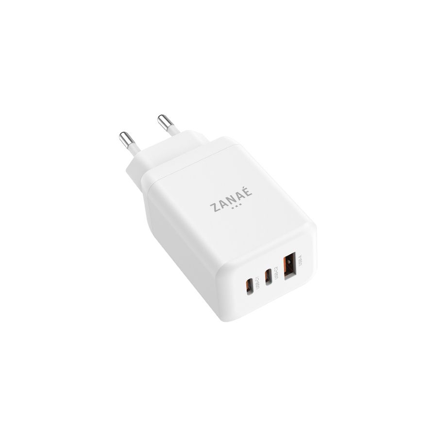 Chargeur 65W, 2x USB-C / 1x USB-A, PPS / Power Delivery, Zanaé, Blanc