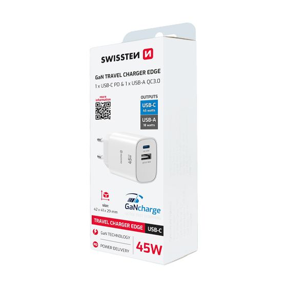 Chargeur 45W, 1x USB-C / 1x USB-A, GaN / Power Delivery, Swissten, Blanc