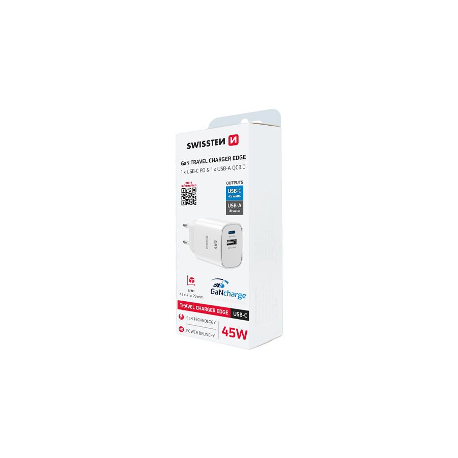 Chargeur 45W, 1x USB-C / 1x USB-A, GaN / Power Delivery, Swissten, Blanc